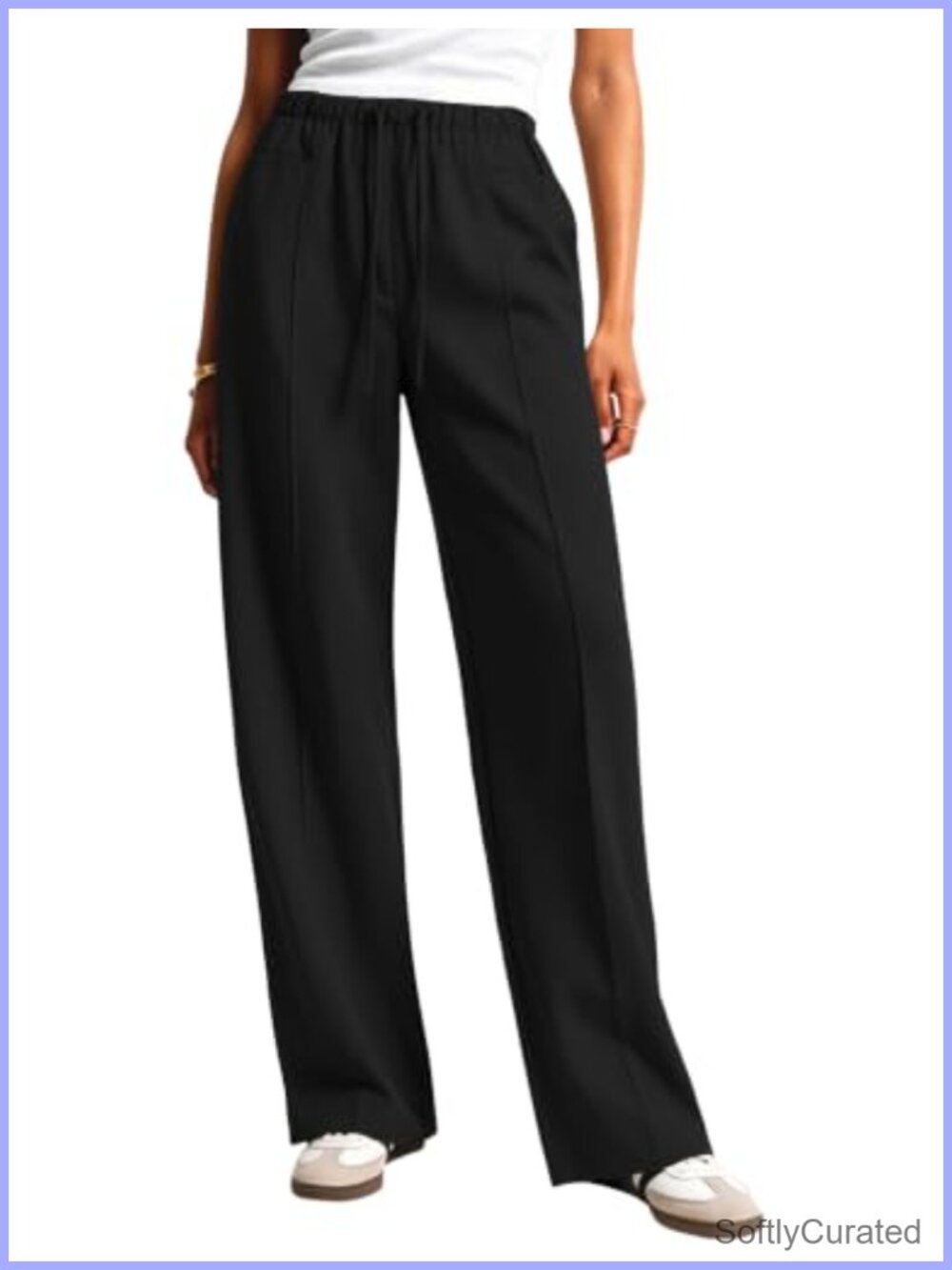 Womens Wide Leg Barrel Pants High Rise Elastic Drawstring Office Trousers